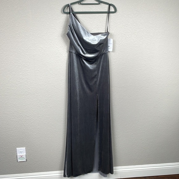 NWT After Six One Shoulder Spaghetti Strap Velvet Maxi Dress Gown Caviar Gray 8 - Picture 3 of 12